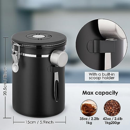 Airtight Coffee Canister, 2.8 L Stainless Steel Coffee Container for 1kg/35oz Coffee Beans, Coffee Storage Jars with Date Tracker, CO2 Valve and Scoop, Kitchen Storage Container for Coffee Beans&Tea