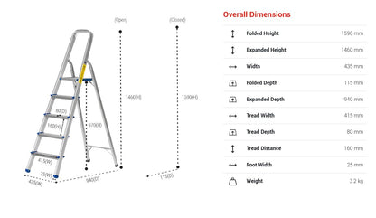 Aluminium Step Ladder, Lightweight Portable, Heavy Duty 3 or 4 or 5 Tread Folding Ladder (5 Tread)
