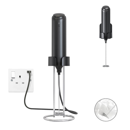 - ELMWAY Rechargeable Milk Frother Handheld | Integrated Charging Stand | 13000rpm Motor Stainless Steel Mixing Head Electric Whisk -