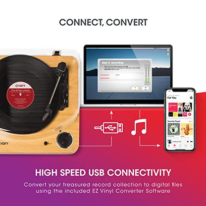 - ION Audio Max LP | Vinyl Record Player / Turntable with Built In Speakers | USB Output for Conversion and Three Playback Speeds | Natural Wood Finish -