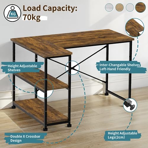 - TRIUMPHKEY 110CM L Shaped Corner Desk | Includes Shelves | Reversible Left or Right Computer Workstation -