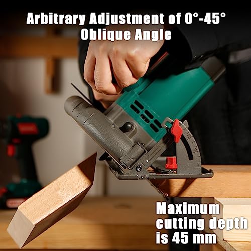 Circular Saw, 1300W HYCHIKA Electric Saw 4500RPM, High Power Motor, 24T Blade(185mm), Cutting Depth 65mm (90º), 45mm (45º), Safety Switch, Dust Extraction, for Wood/Plastic Cutting