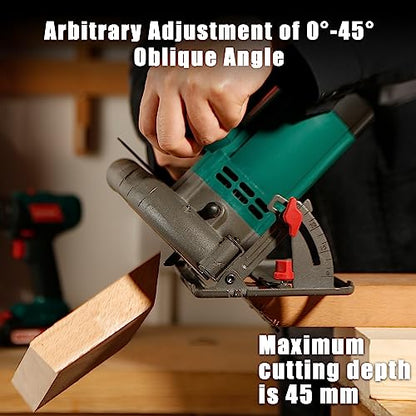 Circular Saw, 1300W HYCHIKA Electric Saw 4500RPM, High Power Motor, 24T Blade(185mm), Cutting Depth 65mm (90º), 45mm (45º), Safety Switch, Dust Extraction, for Wood/Plastic Cutting