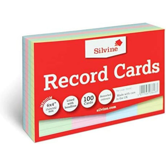 - Silvine A6 Multi-Coloured Record Cards | Lined with Headline | 100 Cards Per Pack -