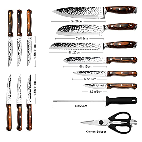 15-Piece Japanese Chef Knife Set with Sharpener, Block Wooden, HOBO Japan High Carbon Stainless Steel Boxed Kitchen Knife, Color Wooden Handle
