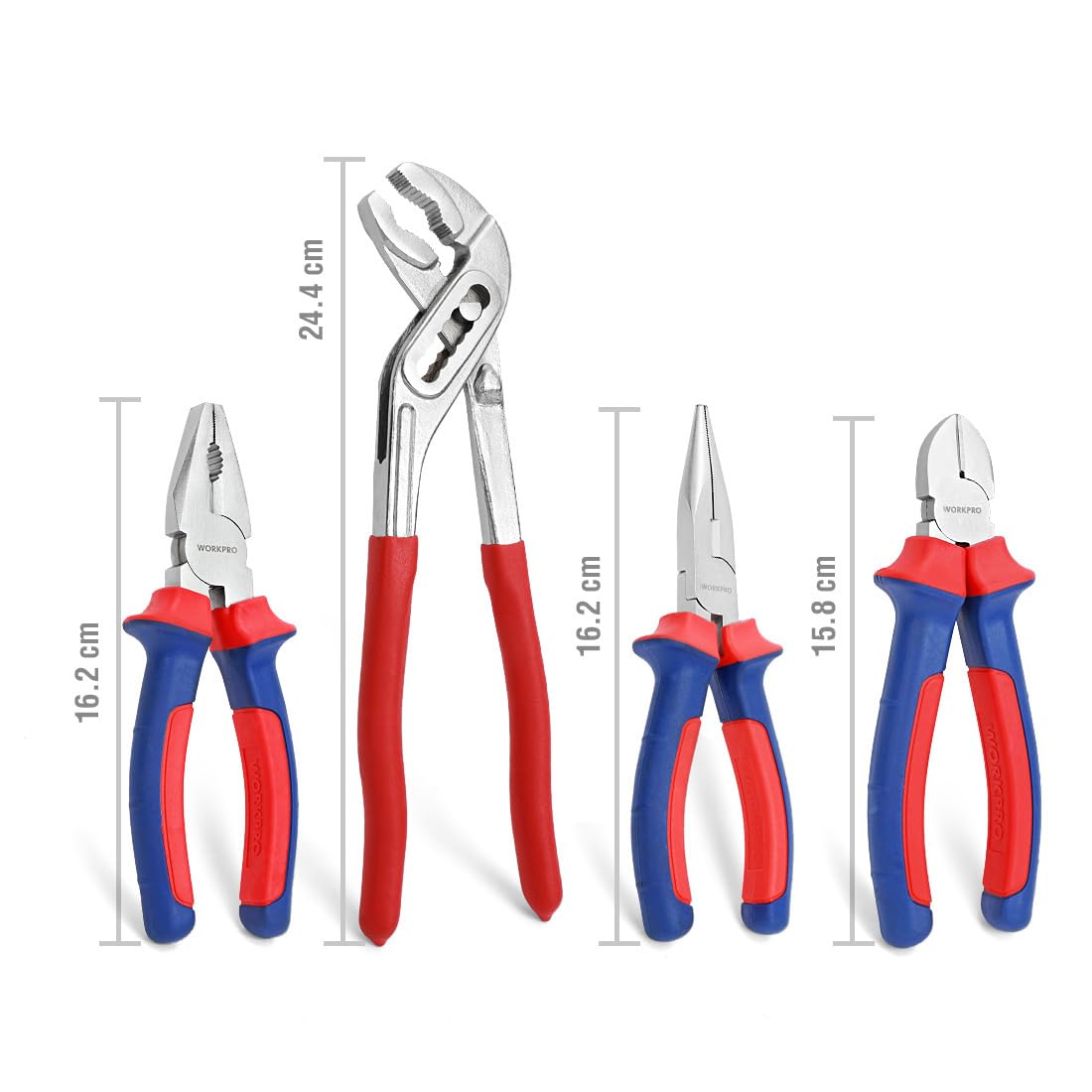 - WORKPRO 4-Piece Pliers Set, 245mm Water Pump Plier, 160mm Long Nose Plier, 160mm Combination Plier, 160mm Side Cutter, Bi-Material Soft Handle