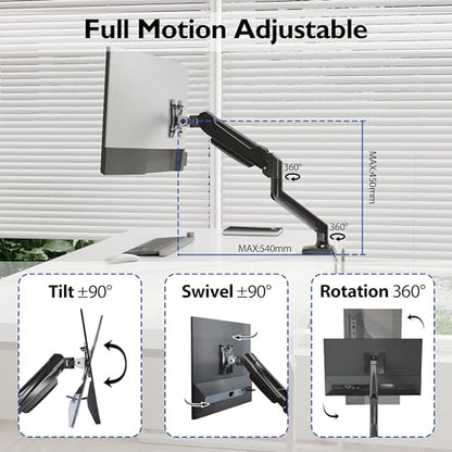 BONTEC Single Arm Monitor Desk Mount for 13-34 inch Screen, Tilt, Swivel, Rotation, Ergonomic Gas Spring Monitor Stand with Cable Management, VESA 75/100mm