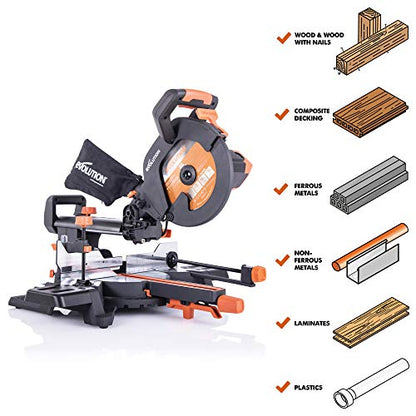 - Evolution Power Tools R255SMS+ Compound Mitre Saw | Multi-Material Cutting Blade | Chop Wood Metal Plastic | 45° Bevel | 50° Mitre Angle | 300mm Slide | 2000 W | 255 mm | 220-240 V -