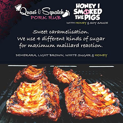 BBQ Rub for Pork by Quasi & Squatch - Honey I Smoked The Pigs (Smokey Honey Soy Sauce) Barbecue Dry Rub Meat Seasoning and Spices | Perfect Blend Of Spices For BBQ and Grill Pork Dishes | Large 220g