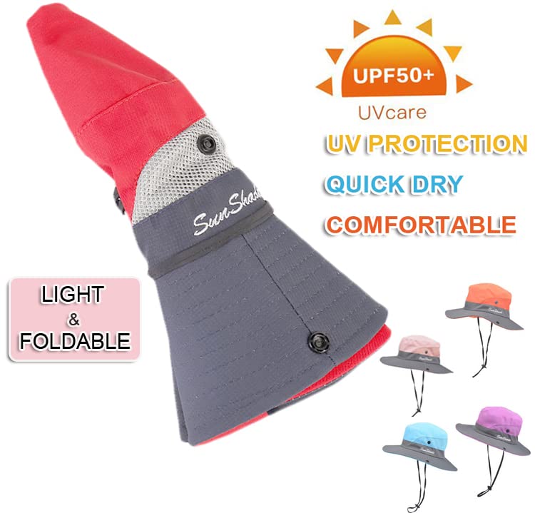 Children Wide Brim Bucket Hat 3-8 Years Girls Ponytail Sun Hat Boys Mesh Cool Hat Anti UV Sun Protection Hat with Strap Kids Holiday Beach Hat Cycling Hiking Summer Hat Outdoor Sun Visor Cap