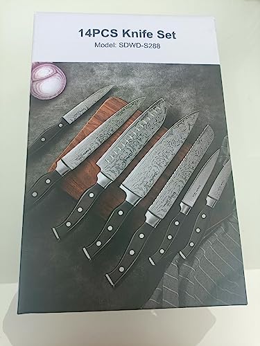 D.Perlla Knife Set, 14 Pieces Kitchen Knives Set with Self Sharpening Wooden Block, German Stainless Steel Knife Block Set with Steak Knives, Black