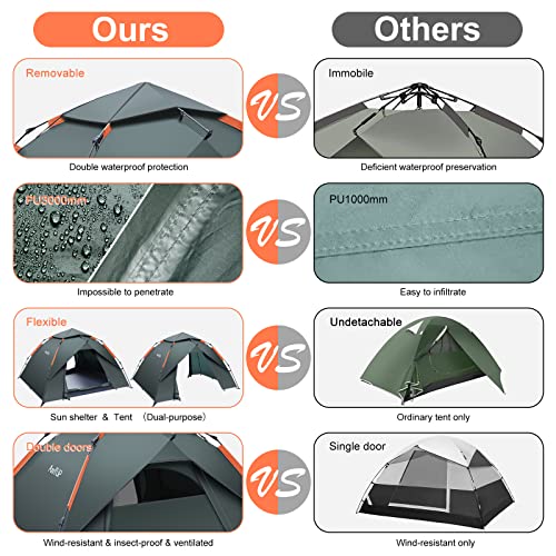 Amflip Camping Tent Automatic 3 Man Person Instant Tent Pop Up Ultralight Dome Tent 4 Seasons Waterproof & Windproof Camping Tent with Removable Outer Tarpaulin, Double Layers (army green)