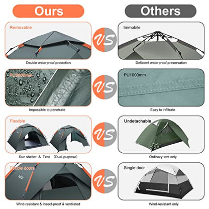 Amflip Camping Tent Automatic 3 Man Person Instant Tent Pop Up Ultralight Dome Tent 4 Seasons Waterproof & Windproof Camping Tent with Removable Outer Tarpaulin, Double Layers (army green)