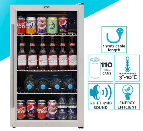 Baridi 85L Under Counter Drinks, Beer & Wine Cooler Fridge with Light, Stainless Steel - DH31