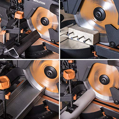 - Evolution Power Tools R255SMS+ Compound Mitre Saw | Multi-Material Cutting Blade | Chop Wood Metal Plastic | 45° Bevel | 50° Mitre Angle | 300mm Slide | 2000 W | 255 mm | 220-240 V -