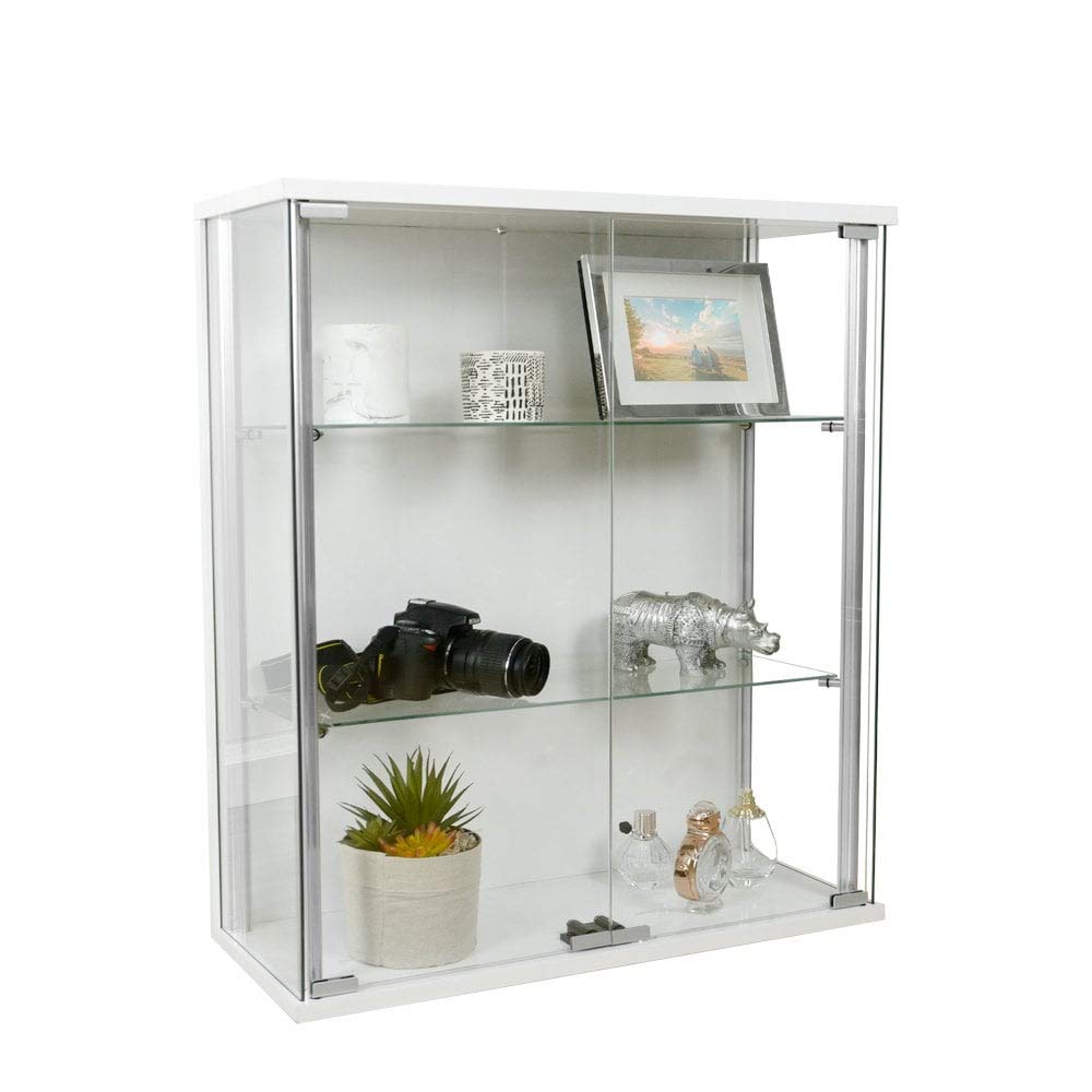 - Displaysense White Wall Mounted Display Cabinet | Double Doors & 2 Height Adjustable Shelves -
