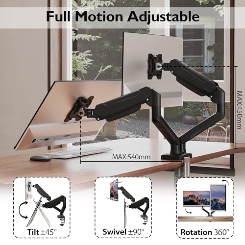 BONTEC Dual Monitor Desk Mount for 32 inch screens, Ergonomic Gas Spring Arm Stand with Cable Management, Tilt, Swivel, Rotation, VESA 75/100 mm