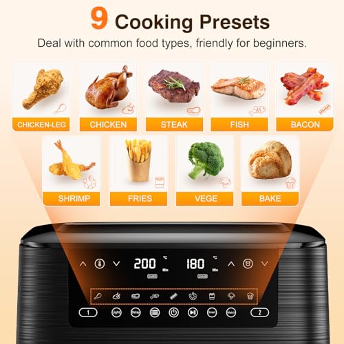 9L Dual Air Fryer with Visual Window, XL Capacity, 2 Drawers, 9-In-1 Cooking Presets, Touch Screen, Smart Finish, Timer Function, Dishwasher-Safe, Healthy Oil Free & Low Fat Cooking
