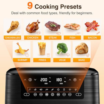 9L Dual Air Fryer with Visual Window, XL Capacity, 2 Drawers, 9-In-1 Cooking Presets, Touch Screen, Smart Finish, Timer Function, Dishwasher-Safe, Healthy Oil Free & Low Fat Cooking