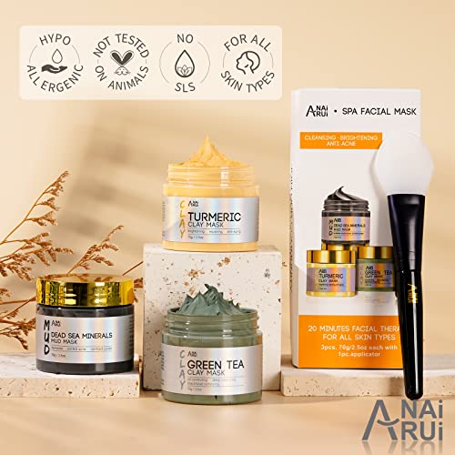 ANAiRUi Turmeric Clay Mask - Green Tea Detox Clay Mask - Dead Sea Minerals Mud Mask, Spa Facial Mask Set for Deeply Cleansing, Detoxing, Reducing Acne, Pores and Blackheads, 210g