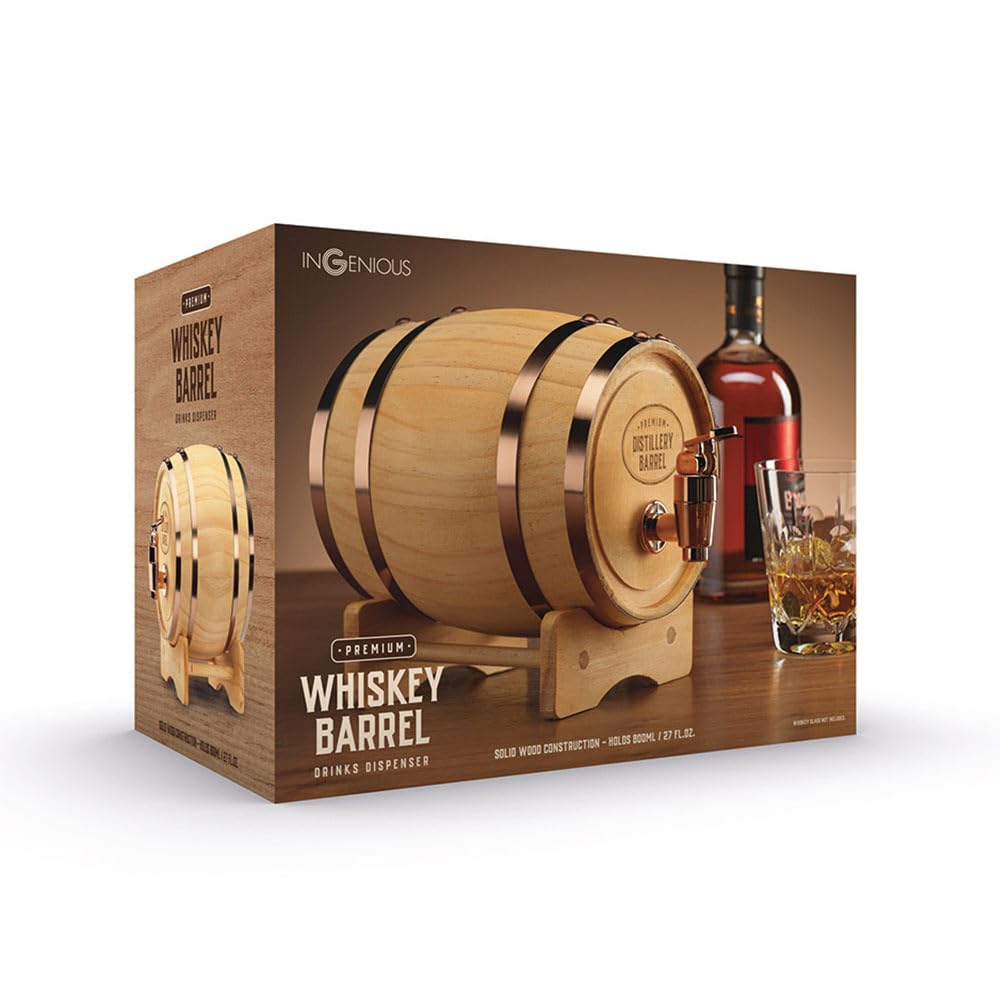 - InGenious Mini Wooden Whiskey Barrel Decanter | Miniature Spirit Keg with Stand -