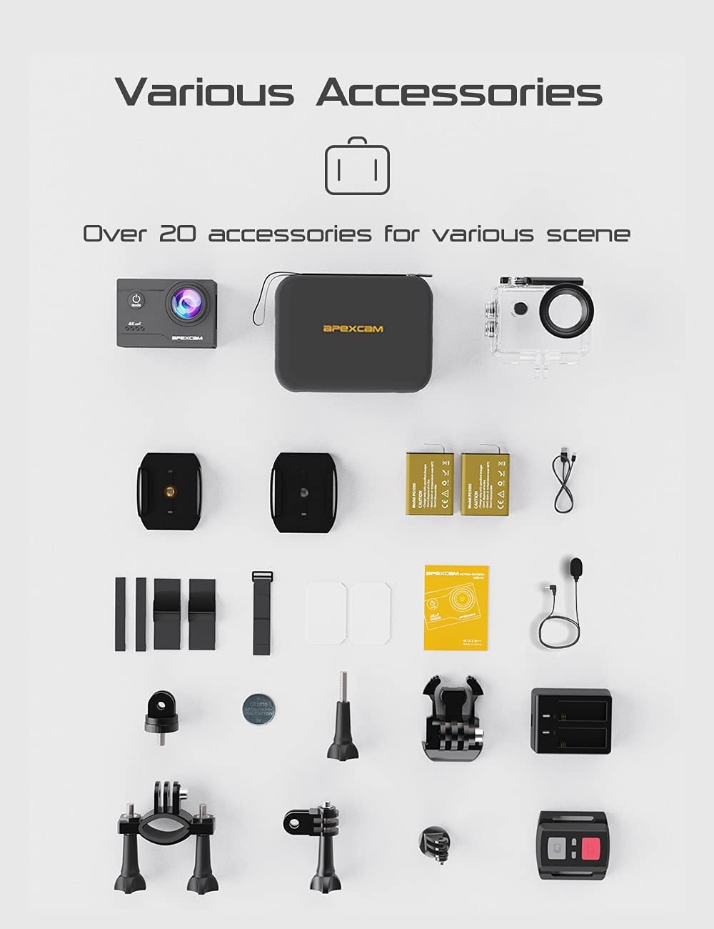 Apexcam 4K Action Camera 20MP 40M Waterproof Sports Camera for Vlog With Ultra HD 170°Wide-Angle 2.4G Remote Control 2 Rechargeable Batteries 2.0'' LCD Screen and Accessories Kit