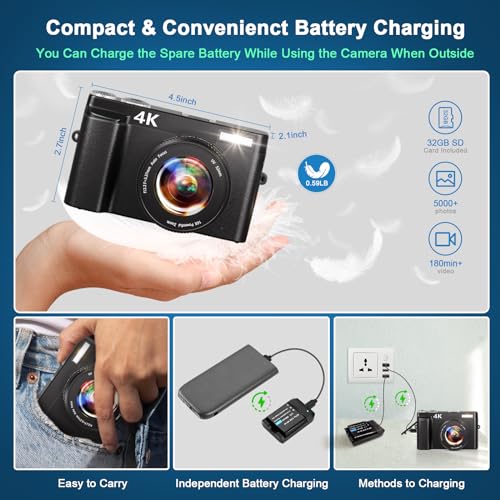 4K Digital Camera,48MP Autofocus Video Camera with 32G Card, 2.7'' 180°Flip Screen Vlogging Camera for Youtube 16X Digital Zoom with Flash, Rechargeable Compact Camera for Teens Beginners Adults