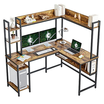 CubiCubi L-Shaped Desk with Hutch, 150x120x144 cm Corner Computer Desk, Large Home Office Desk with Bookshelf and Storage Shelves, Space-Saving, Rustic Brown