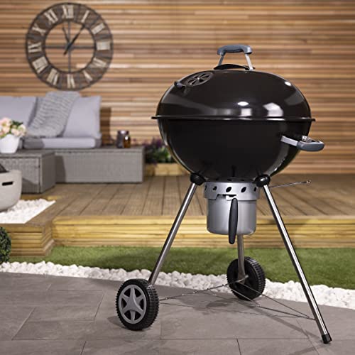 CHARLES BENTLEY 21" Premium Charcoal Kettle BBQ With Ash Box, Bakelite Handle, Built In Thermometer, For Family And Friends, Parties, Made With Enamel Coated Steel In Black (105x70cm)