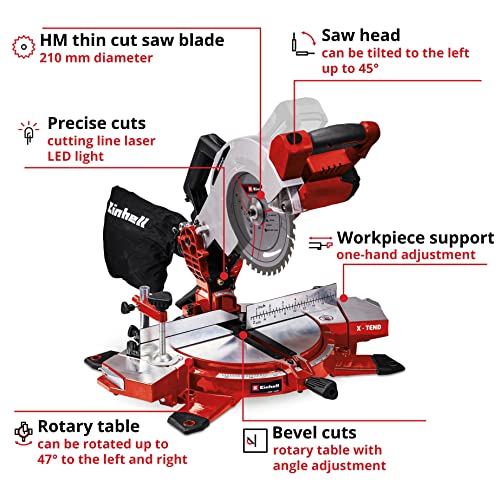 - Einhell Power X-Change 18V Mitre Saw | 3000 RPM Circular Saw With Work Table | LED | Dust Collection | 45° Mitre, +/-47° Bevel | TE-MS 18/210 Li Solo | (Battery Not Included) -