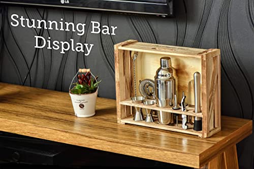 - Mixology & Craft Cocktail Shaker Set | 11-Piece Cocktail Making Set w/Shaker & Rustic Wooden Stand -