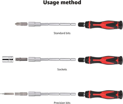 Amazon Basics 73-Piece Magnetic Ratcheting Wrench and Electronics Precision Screwdriver Set, Black, Red, Silver