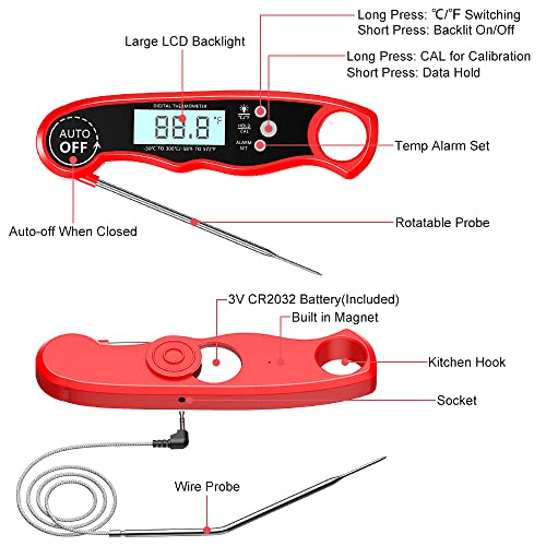 CIRYCASE Meat Thermometers, Fast & Precise Read Food Thermometer with 102cm Wire Probe, Backlight LCD Display, Calibration Function, BBQ Thermometer for Kitchen, Outdoor Cooking, Liquid & Grill