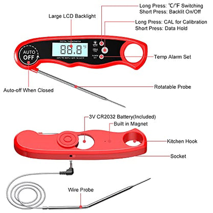 CIRYCASE Meat Thermometers, Fast & Precise Read Food Thermometer with 102cm Wire Probe, Backlight LCD Display, Calibration Function, BBQ Thermometer for Kitchen, Outdoor Cooking, Liquid & Grill