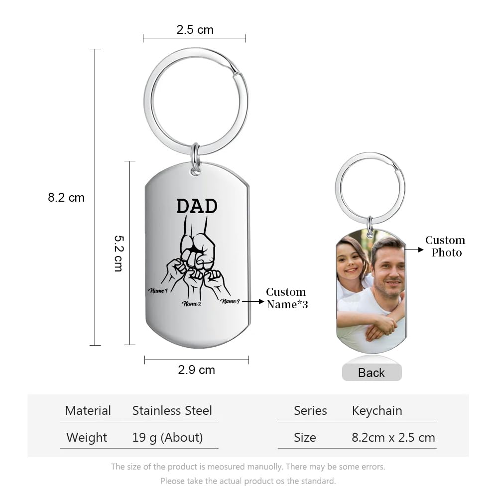 Dad Keyring Personalised with Names Photo Engraved Fathers Day keychain from Son and Daughter Gift for Christmas Birthday (3 names)