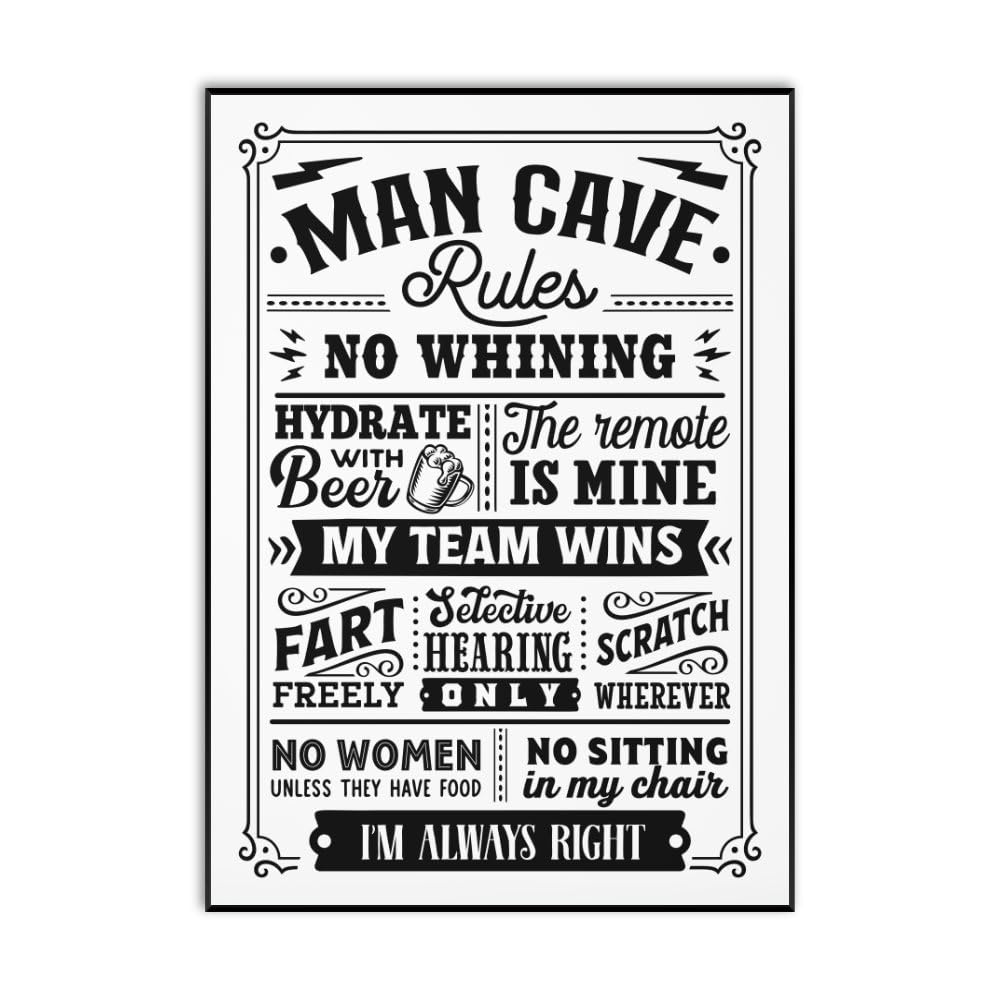 - Maise & Rose Man Cave Gift | Funny Man Cave Rules A4 Unframed Black and White Print | Man Cave Wall Art -