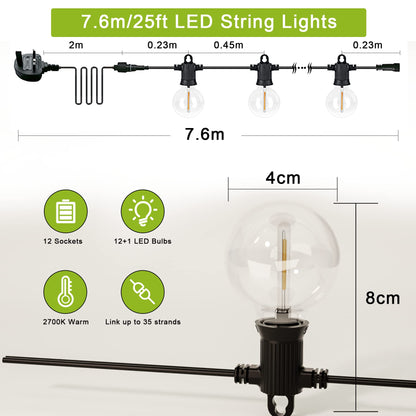 - Kawaya Outdoor String/Festoon Lights | Mains Powered 25ft 7.6m Dimmable LED String Lighting | Waterproof -