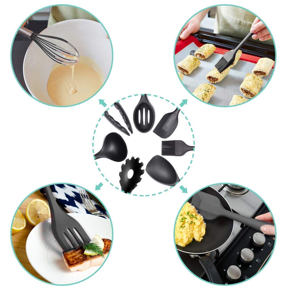 - 10-Piece Silicone Kitchen Utensil Set - Non-Stick, Heat Resistant Cooking Utensils Set of Spatula, Turner, Spoons, Tong, Oil Brush and Whisk (Black)
