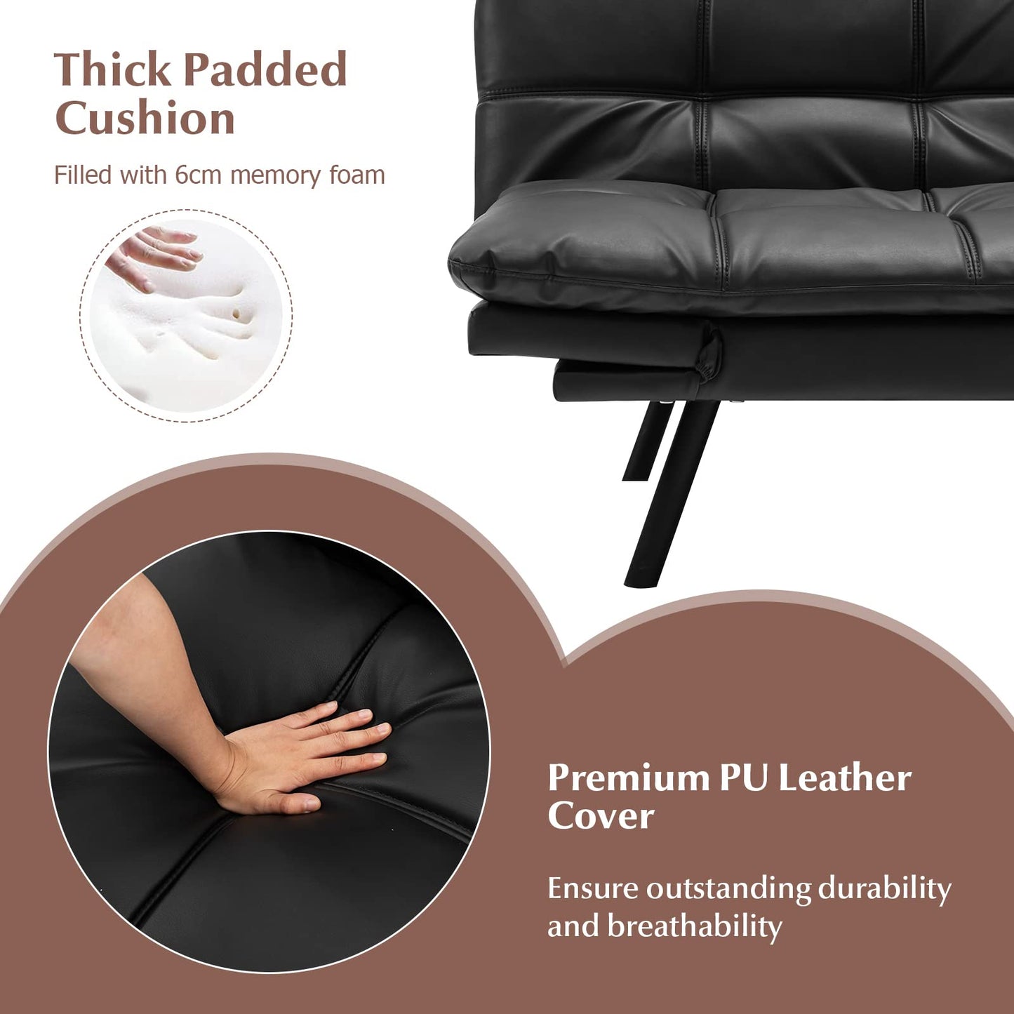 COSTWAY 2/3 Seater Convertible Sofa Bed, Click Clack Sleeper Couch with Reclining Backrest, Adjustable Armrests & 6 Metal Legs, Padded Loveseat for Living Room and Bedroom (PU Leather, Black)