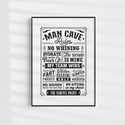 - Maise & Rose Man Cave Gift | Funny Man Cave Rules A4 Unframed Black and White Print | Man Cave Wall Art -