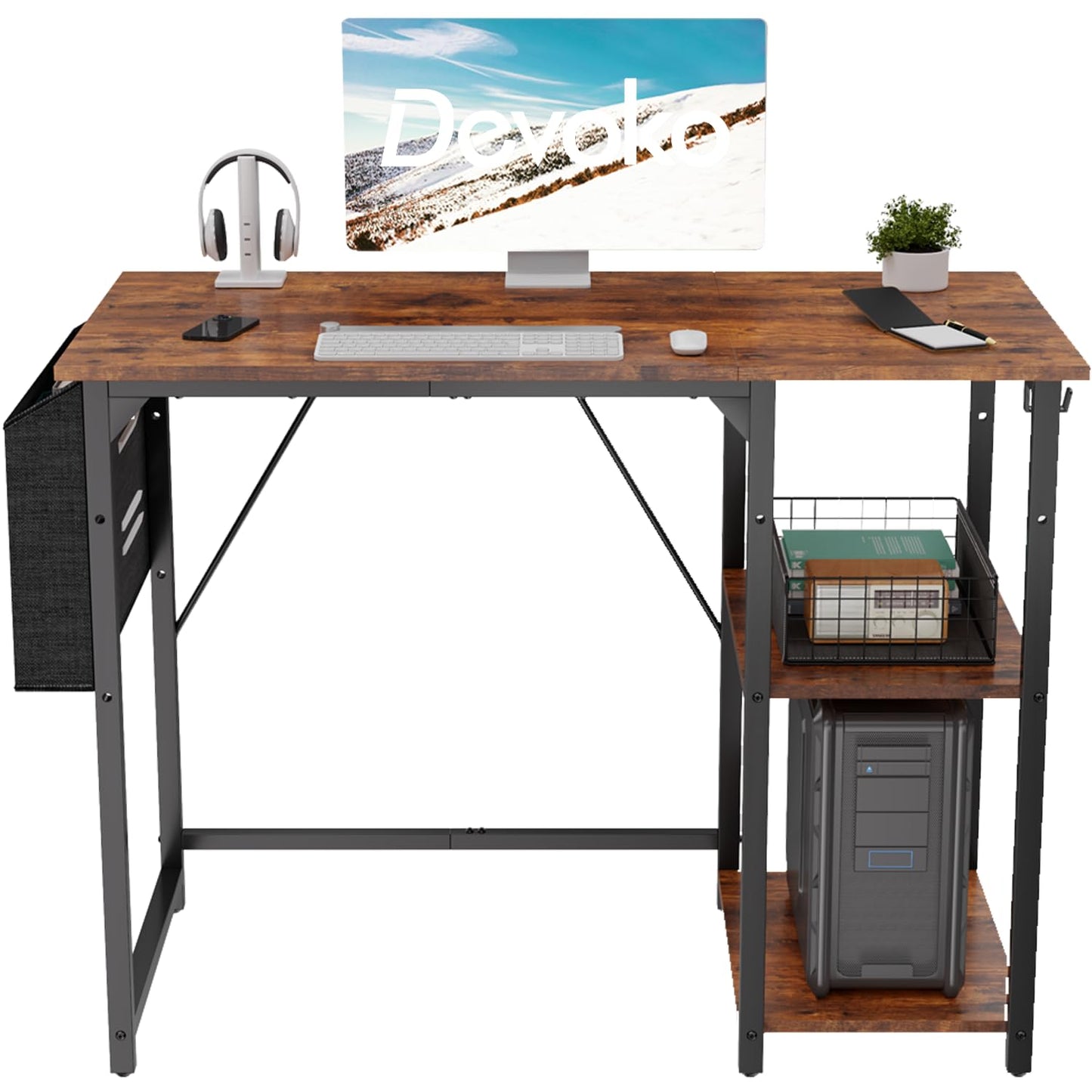 Devoko 100cm Computer Desk with Storage Shelves, Study Writing Desk Small Desks for Small Spaces, Home Office desk, Laptop Table for Home Workstations, Side Pocket Storage Bag, Rustic Brown