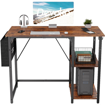 Devoko 100cm Computer Desk with Storage Shelves, Study Writing Desk Small Desks for Small Spaces, Home Office desk, Laptop Table for Home Workstations, Side Pocket Storage Bag, Rustic Brown