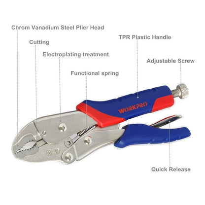 - WORKPRO Locking Pliers Set, CR-V Steel Mole Grips, Quick-Release & Self-Locking with Soft Grip, 10-Inch & 7-Inch Curved Jaw, 6-1/2 Inch Straight Jaw, 3-Piece