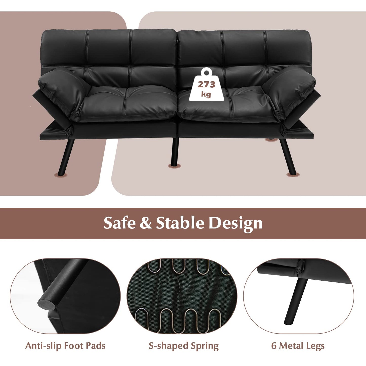 COSTWAY 2/3 Seater Convertible Sofa Bed, Click Clack Sleeper Couch with Reclining Backrest, Adjustable Armrests & 6 Metal Legs, Padded Loveseat for Living Room and Bedroom (PU Leather, Black)