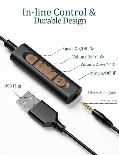 - USB Headset with Microphone for Laptop, 3.5mm Jack & USB Adapter -