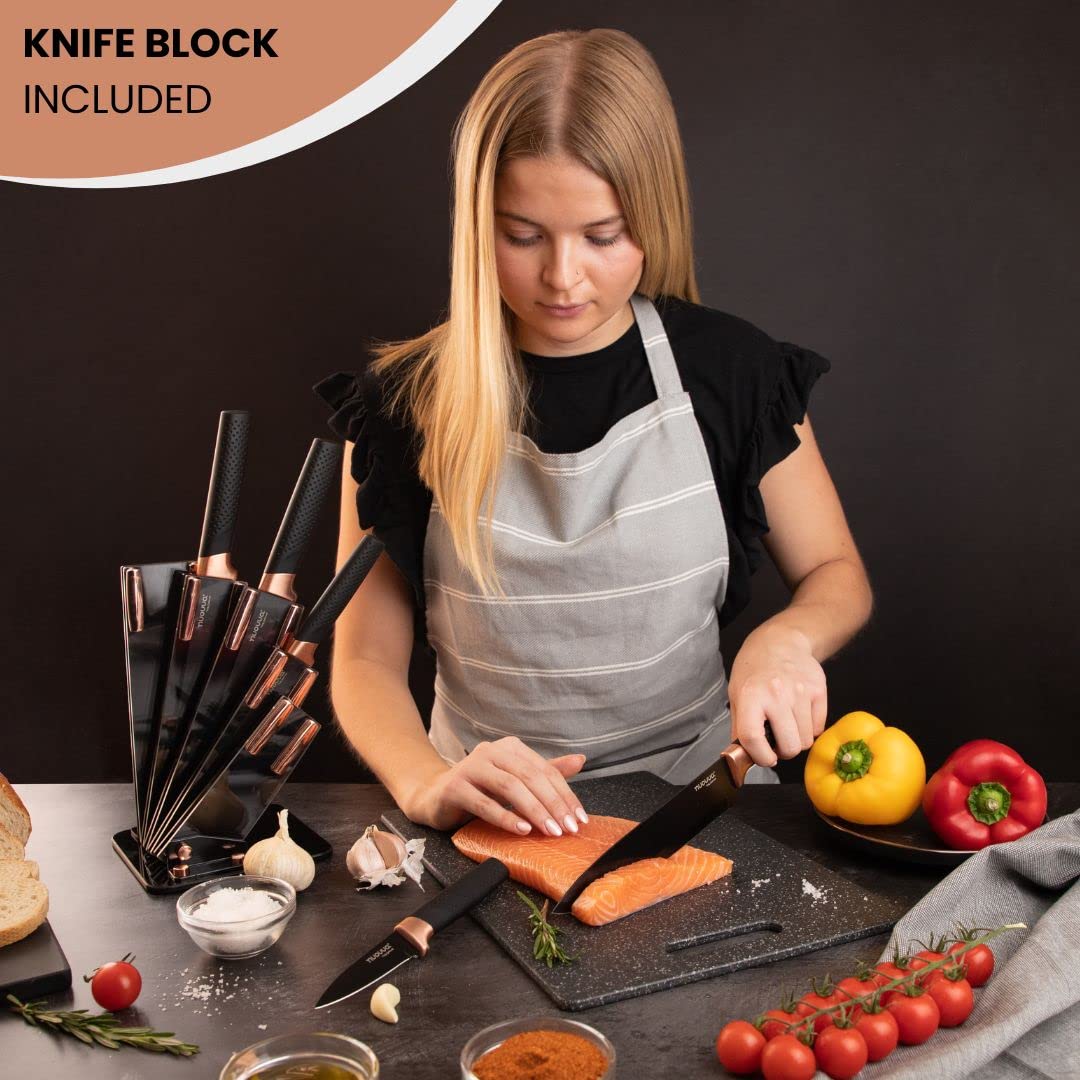 - Kitchen Knife Block Set Copper 5 Piece Set with Knives Clear Acrylic Block Stainless Steel Blades - by Nuovva