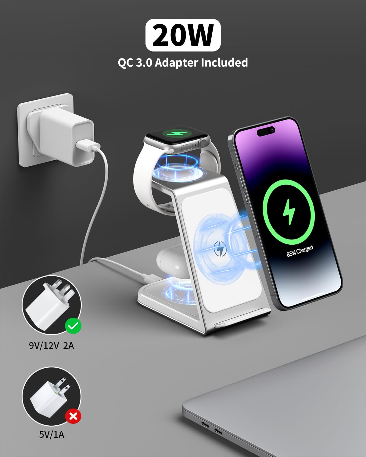 3 in 1 Wireless Charging Station,Aluminum Alloy Wireless Charger for Apple Devices,15W Fast Wireless Charging Stand for iPhone 15/14/13/12/11/8,Phone and Watch Charger Stand for Apple Watch,Airpods