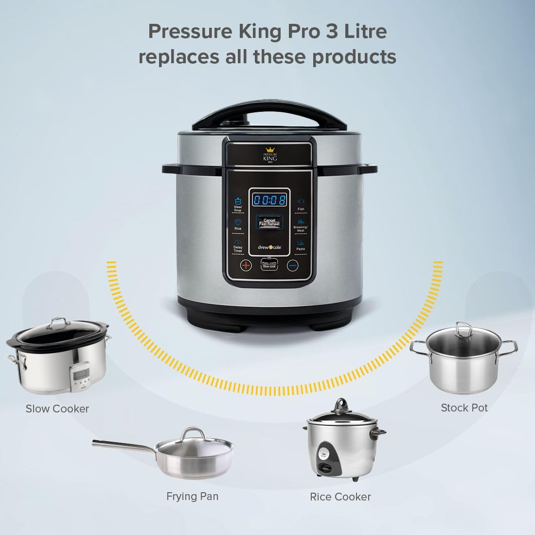 - Drew & Cole Pressure King Pro Electric Pressure Cooker 3L | 700W | Chrome | 8-in-1 Multi Cooker with Digital Display | Non Stick Pot -