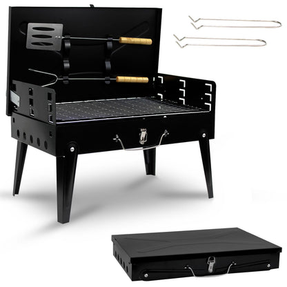 Crystals Portable BBQ Charcoal Grill - Folding Small Travel BBQ Grill with Tool Set - Mini Foldable Stainless Steel BBQ Grill for Camping, Garden, Picnic, Outdoor - Black