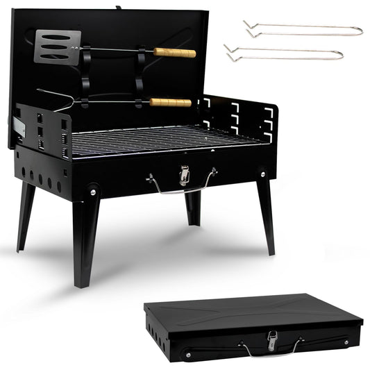 Crystals Portable BBQ Charcoal Grill - Folding Small Travel BBQ Grill with Tool Set - Mini Foldable Stainless Steel BBQ Grill for Camping, Garden, Picnic, Outdoor - Black